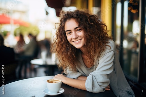 Young beautiful woman with drinking cappuccino in a street cafe © Alina