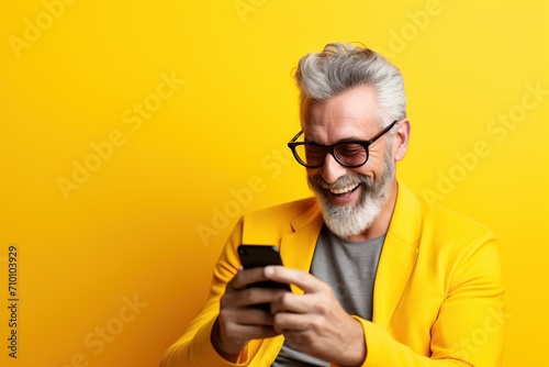 Happy senior man holding smartphone and chatting on yellow background © Alina