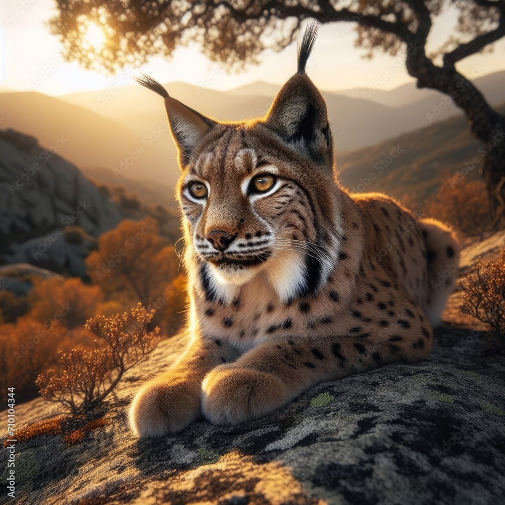 Obraz premium Majestic Lynx at Sunset: Close-Up View of a Beautiful Wild Feline in Nature