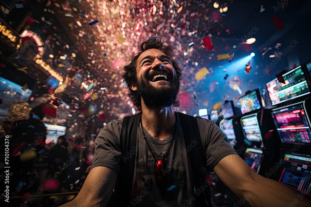 Player and trophy shine in vibrant arcade, exchanging chips for coins., generative IA Player and trophy shine in vibrant arcade, exchanging chips for coins., generative IA