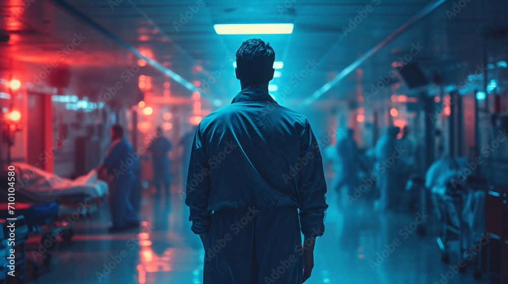 A confident and skilled doctor making rounds in a bustling emergency room, their silhouette highlighted against the backdrop of a busy medical facility, illustrating the urgency an A confident and skilled doctor making rounds in a bustling emergency room, their silhouette highlighted against the backdrop of a busy medical facility, illustrating the urgency an