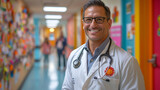 An empathetic doctor on rounds in a pediatric ward, engaging with young patients and their families, the vibrant colors of the child-friendly environment creating a warm and comfor
