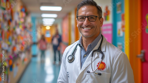 An empathetic doctor on rounds in a pediatric ward, engaging with young patients and their families, the vibrant colors of the child-friendly environment creating a warm and comfor photo
