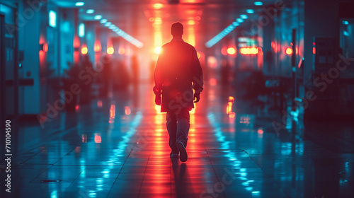 A confident and skilled doctor making rounds in a bustling emergency room, their silhouette highlighted against the backdrop of a busy medical facility, illustrating the urgency an