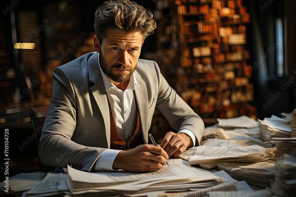 Entrepreneur analyzes reports, immersed in strategic decisions, under smooth light, city in the background., generative IA