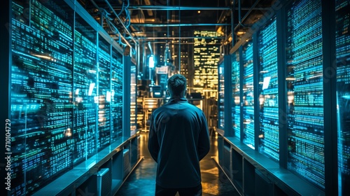 Futuristic hacker in server room with log4j vulnerability, coding, malware, metaverse technology.