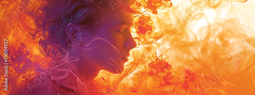 Deep thinking concept.
Abstract portrait in waves of fire photo