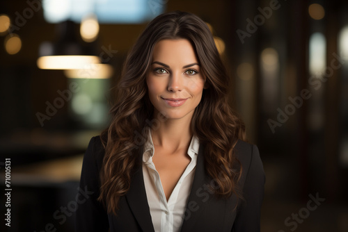 Young confident smiling caucasian brunette business woman leader, successful entrepreneur, elegant professional company executive ceo manager, wearing suit standing in office.