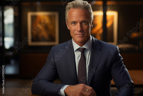 Portrait of mid adult business man standing in modern office. Successful mature entrepreneur in formal clothing looking at camera with satisfaction. Confident man in suit with gray hair