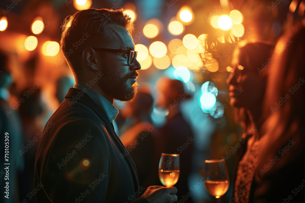 Handsome caucasian manager with a beard and glasses is drinking wine in a restaurant or a bar and looking for date Handsome caucasian manager with a beard and glasses is drinking wine in a restaurant or a bar and looking for date