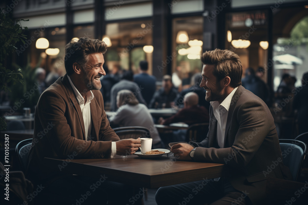 Two businessmen, old friends talking about new opportunities sitting in a cafe, board of directors planning project, considering business offer, sharing ideas while drinking coffee together