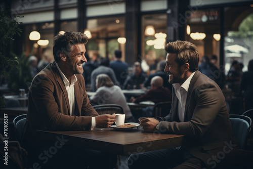 Two businessmen, old friends talking about new opportunities sitting in a cafe, board of directors planning project, considering business offer, sharing ideas while drinking coffee together