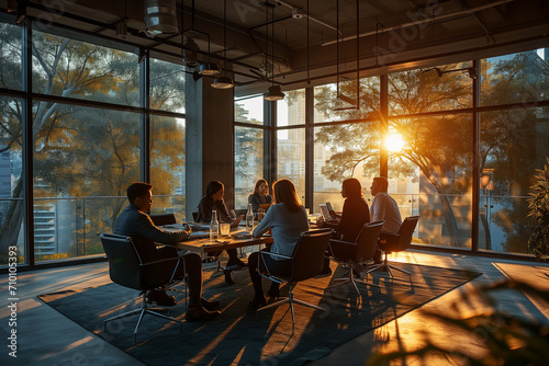 Diverse millennial business team talking in meeting room, negotiating on project at table at glass wall panoramic window during sunset, discussing deal in open space, modern office interior. Wide shot photo