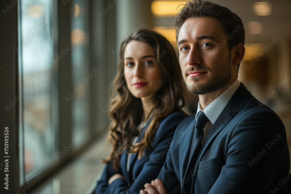 Two young self-confident successful handsome business partners a man and a woman standing next to each other with crossed hands next to a window, confidently looking out the window. Two young self-confident successful handsome business partners a man and a woman standing next to each other with crossed hands next to a window, confidently looking out the window.