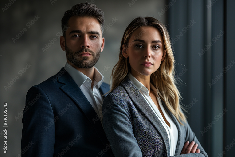 Portrait of two successful business partners, a brunette man and a blond woman standing next to each other with their hands crossed in a dark office.