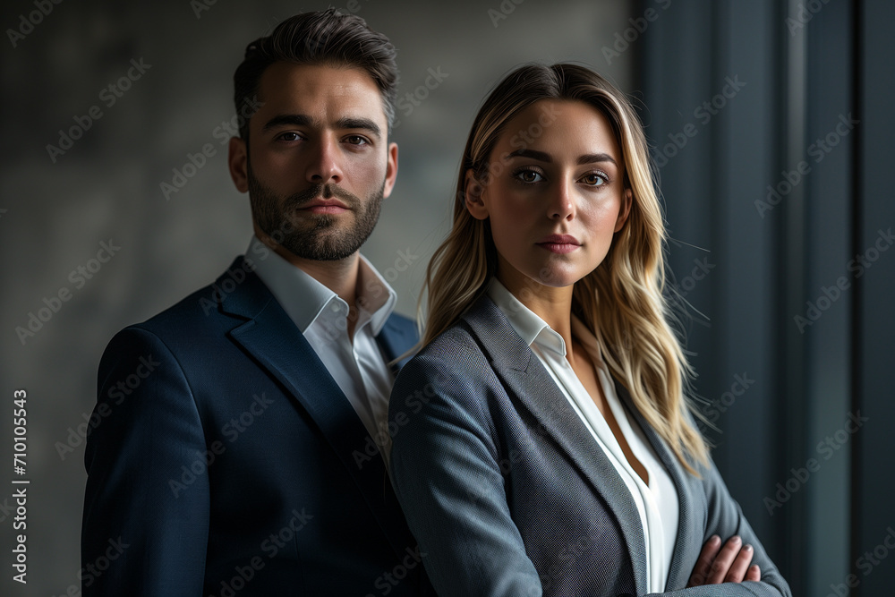 Portrait of two successful business partners, a brunette man and a blond woman standing next to each other with their hands crossed in a dark office. Portrait of two successful business partners, a brunette man and a blond woman standing next to each other with their hands crossed in a dark office.