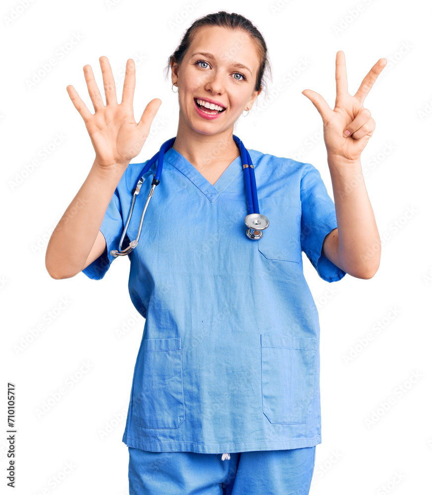Young beautiful blonde woman wearing doctor uniform and stethoscope showing and pointing up with fingers number eight while smiling confident and happy. Young beautiful blonde woman wearing doctor uniform and stethoscope showing and pointing up with fingers number eight while smiling confident and happy.