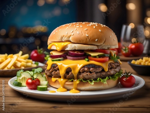 delicious burger and fries on wooden table  Beef cheeseburger with fries in cinematic  studio lighting and background  food photography