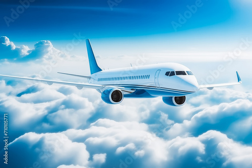 aerial view of business jet airplane air travel against cloud blue sky background flight of passenger plane.