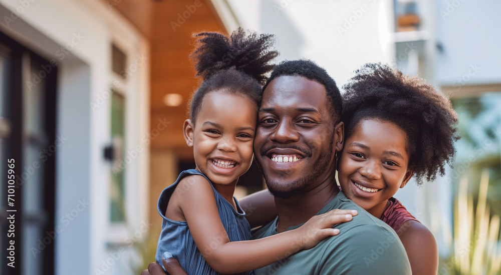 Family moving in new house. Standing in front of their new house, smiling. Man holding his daughter, woman hugging both from behind. Family moving in new house. Standing in front of their new house, smiling. Man holding his daughter, woman hugging both from behind.