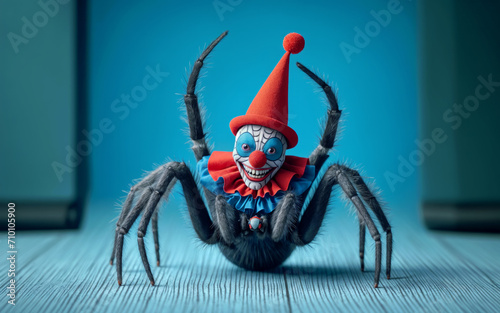 Funny clown spider in a red cap and a red nose on a blue background double phobia photo
