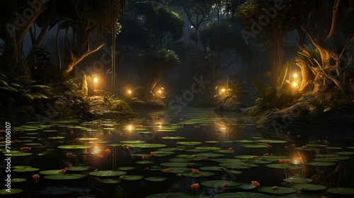Enchanting night scene with a mesmerizing firefly casting a radiant glow in the darkness. © Paulkot