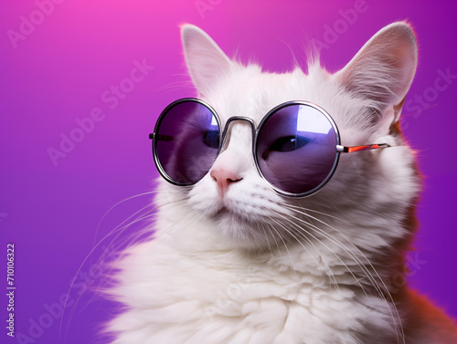Portrait of a white fluffy cat wearing round sunglasses. Luxurious domestic kitty in glasses poses on pink background wall. Ai. Generative ai.