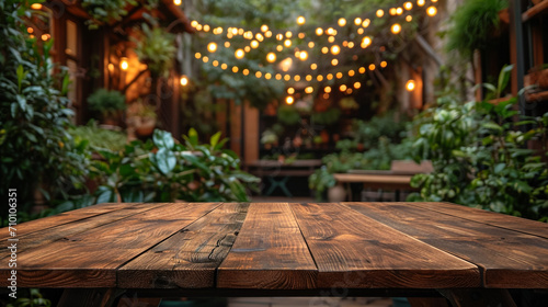 wooden table and winter christmas party in backyard garden with grill BBQ, blurred background