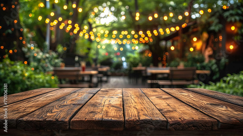 wooden table and winter christmas party in backyard garden with grill BBQ, blurred background photo