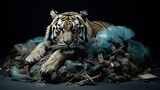 Majestic tiger posing gracefully on a towering pile of garbage with an eerie background