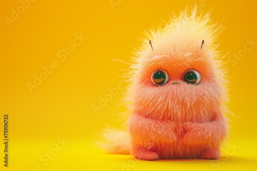 a cute yellow furry fluffy creature in yellow background with copy space