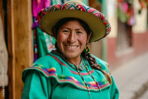 a young indigenous peruvian woman wearing a green traditional peruvian dress  smiling to camera photo