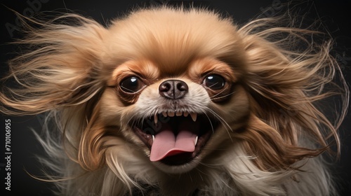 Humorous close up portrait of an adorable dog with a priceless and comical expression