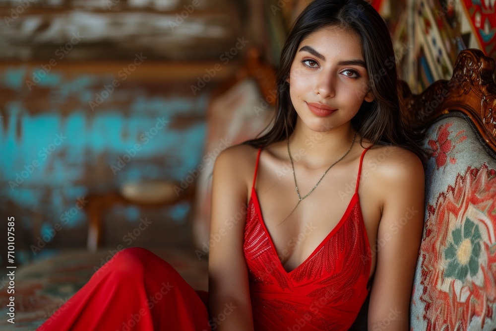 peruvian young woman wearing a red dress smiling to camera in the streets peruvian young woman wearing a red dress smiling to camera in the streets