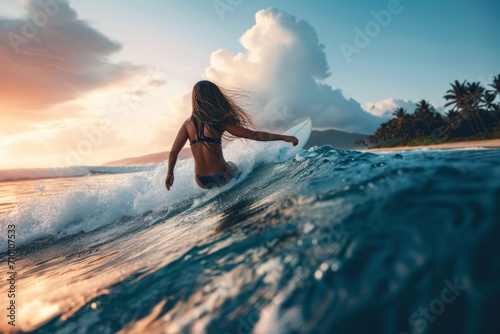 young woman surfing the waves on her surfboard