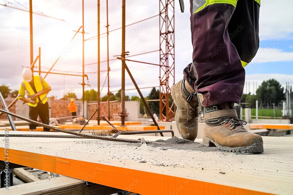 Feet of a construction worker walking across a wooden floor with debris ...