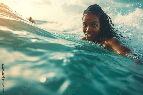 young black woman surfing the waves  on her surfboard photo