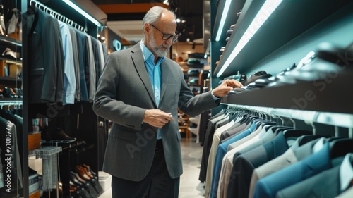 elegant man 40 years old meticulously buys a dress shirt, suit in the modern bright glass store,Old Money Aesthetic style photo