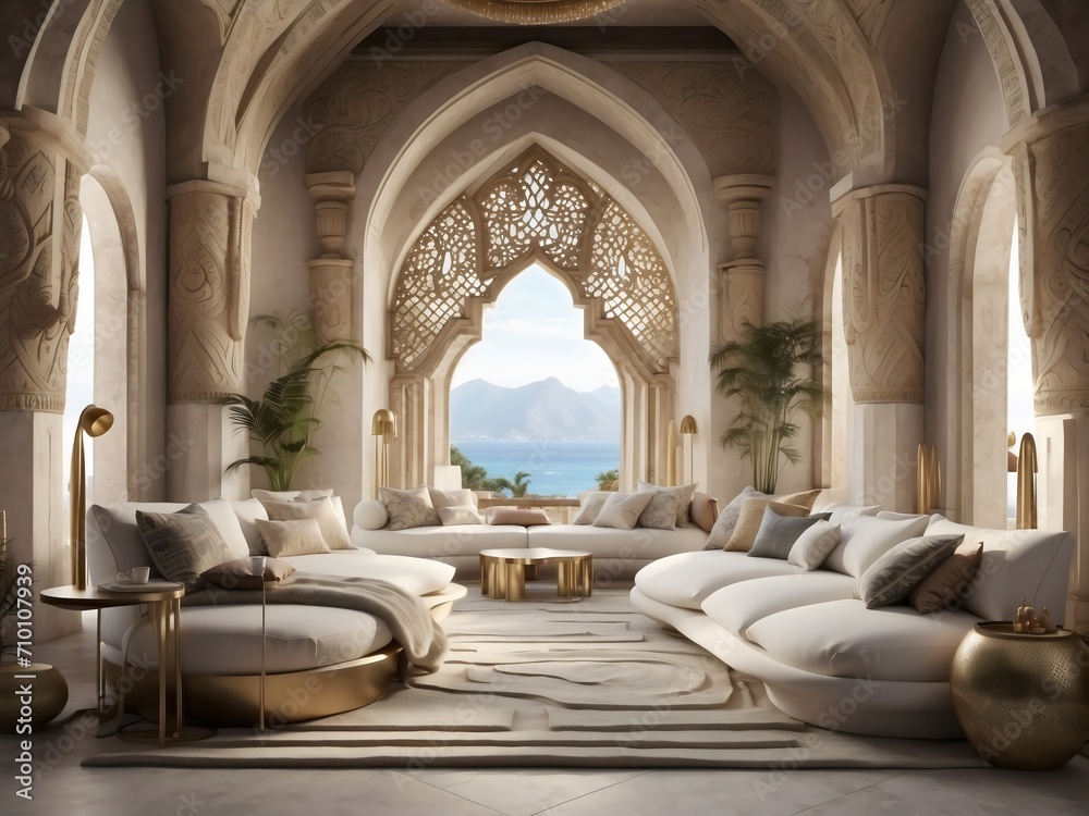 bed room interior design, Luxury interior living room, luxurious Arabic palace building design, Luxury baroque-style castle lobby with elegant floral arrangements, bathed in natural light
