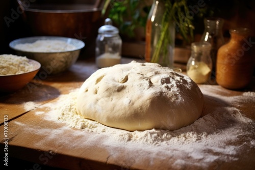 A dough ball sits on a table with other ingredients. Generative AI.