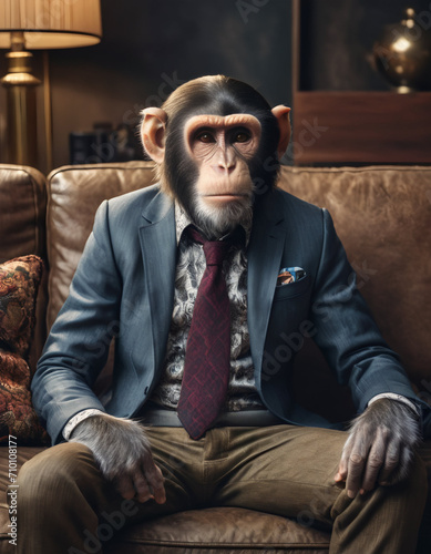 anthropomorphic monkey man in a suit sitting on a sofa