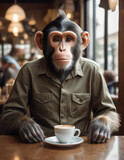 anthropomorphic monkey man resting with coffee in a cafe