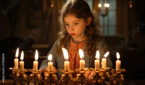 A little girl lighting a candle on a menorah. Generative AI.