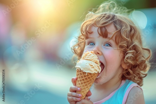 child eenjoy ating cream, summer outdoor blue background photo