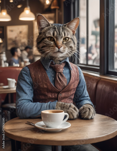 an anthropomorphic cat man in a vest sits with coffee at a table in a cafe