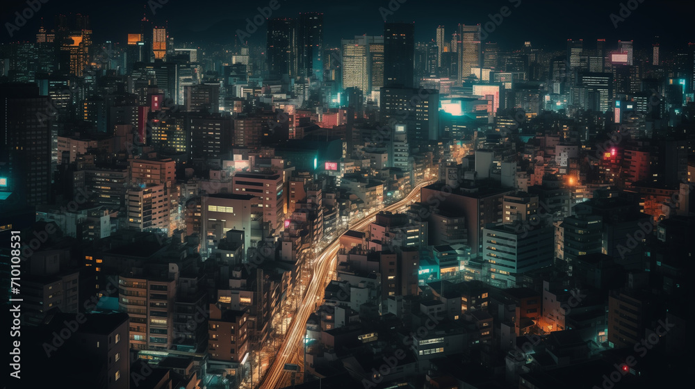 A bustling Tokyo skyline at night, neon lights illuminating the streets, a blend of modern skyscrapers 