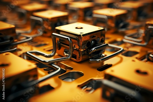Macro shot of metallic binder clips creating an abstract design on a soft yellow backdrop