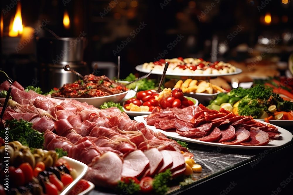 Catering buffet in a restaurant, festive catering, a variety of dishes in containers on the table Catering buffet in a restaurant, festive catering, a variety of dishes in containers on the table