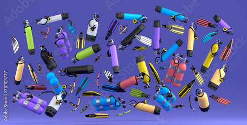 Many of flying scuba stuff like oxygen tank, flip flops and scuba mask on violet photo