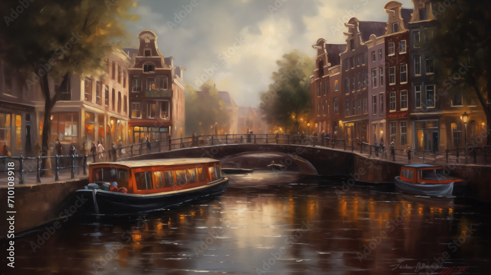 A historic canal scene in Amsterdam, Netherlands, picturesque bridges, traditional Dutch architecture, and boats drifting along the water, 